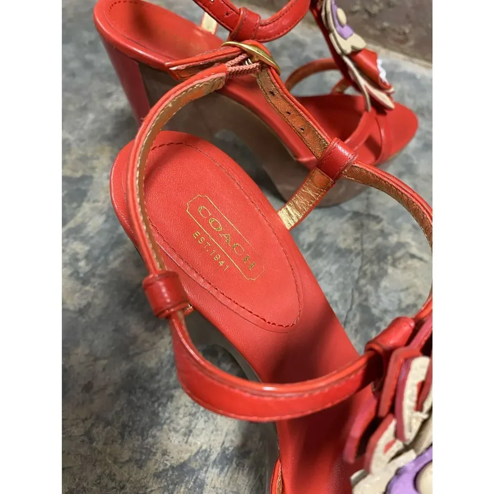 Coach Orange Flower Jeanna Calf Verm Multi Platform Heels Size 8 - Picture 7 of 10